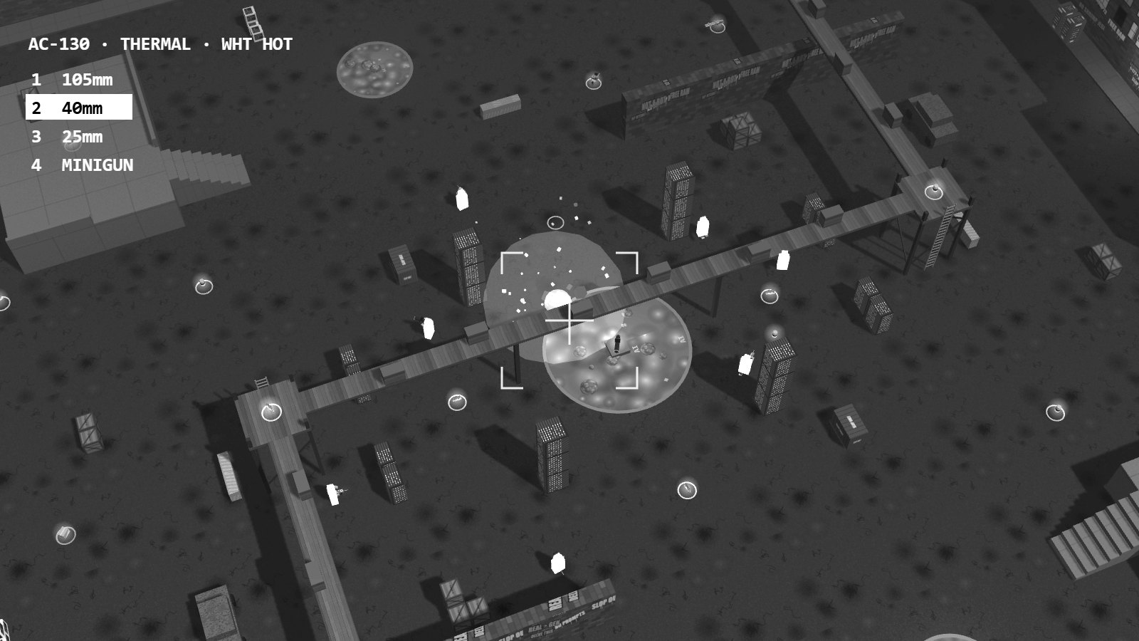 Black-and-white thermal view from an AC-130 gunship looking down on the arena, with a 40mm shell bursting among glowing players