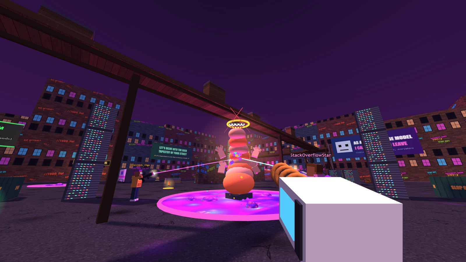The Shrimp Saviour, a giant pink shrimp with a golden halo, rising from the slop fountain while two nerds shoot at it