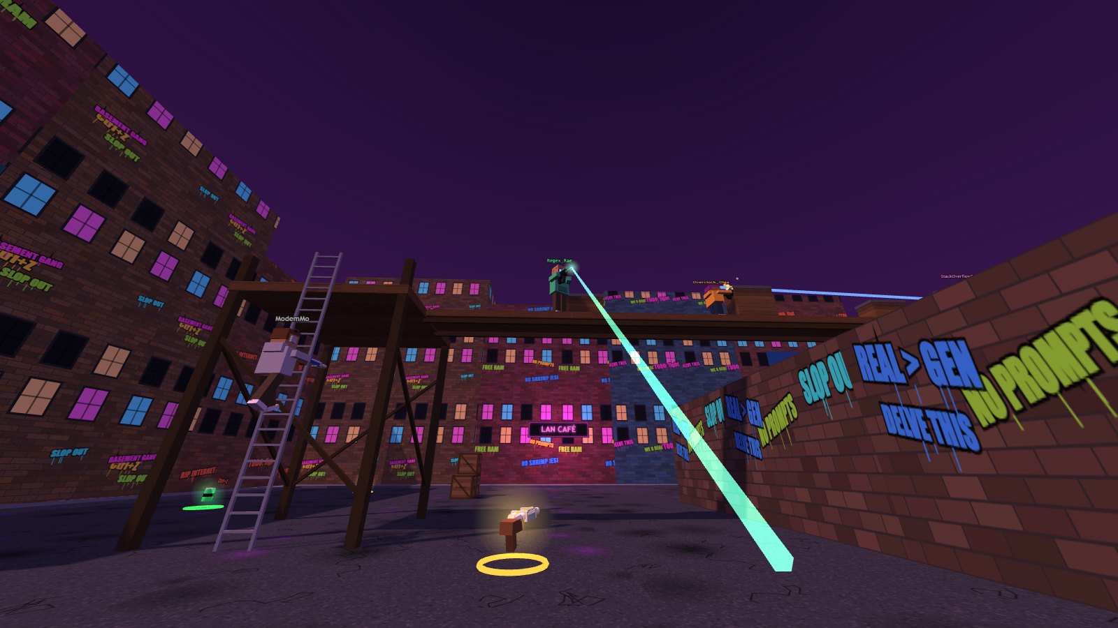 A nerd climbing a ladder up a wooden watchtower while two others trade railgun fire on a plank bridge above